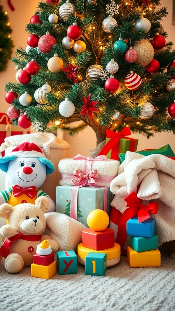 Christmas Gift Ideas for Babies A variety of Christmas gifts for babies displayed under a decorated tree, featuring toys and blankets.